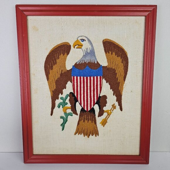 Vintage Mid-Century American Eagle USA Patriotic Needlepoint Craft With Frame